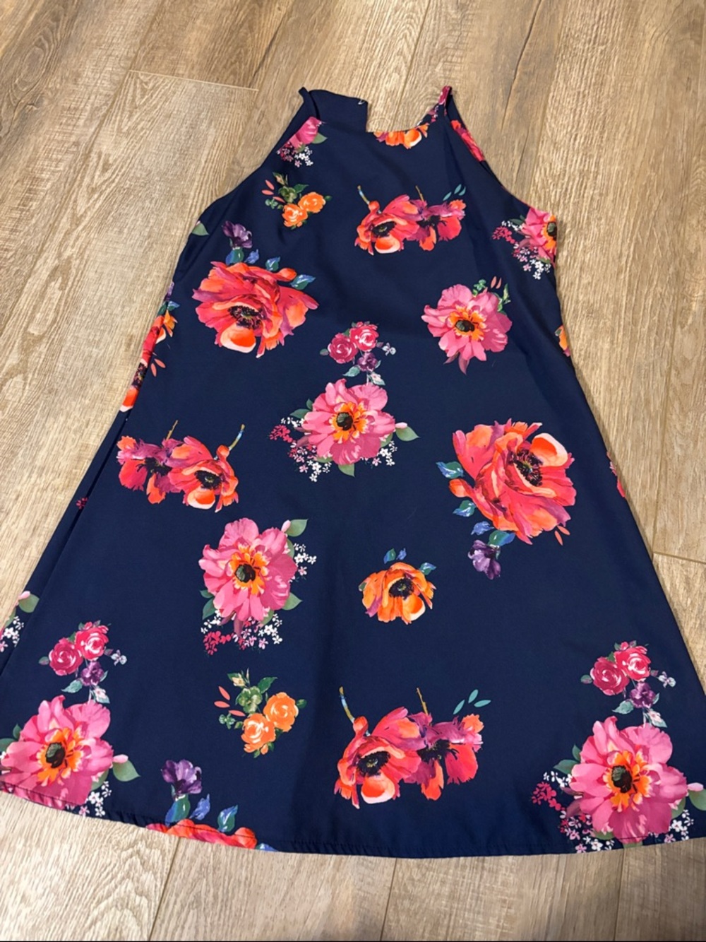 Floral Navy Mini Dress with Pink & Orange Blooms